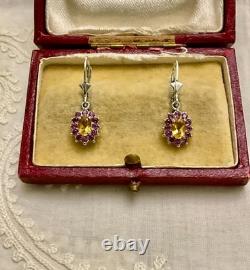Anciennes Boucles D'oreilles Argent Massif Sublime Citrine Grenat Rose