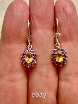 Anciennes Boucles D'oreilles Argent Massif Sublime Citrine Grenat Rose