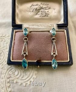 Anciennes Boucles D'oreilles Argent Massif Topazes Bleues Art Déco