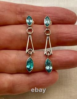 Anciennes Boucles D'oreilles Argent Massif Topazes Bleues Art Déco