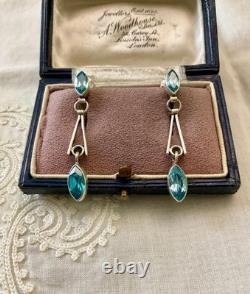 Anciennes Boucles D'oreilles Argent Massif Topazes Bleues Art Déco