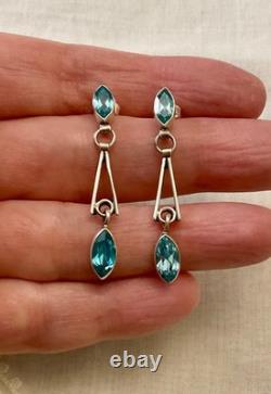 Anciennes Boucles D'oreilles Argent Massif Topazes Bleues Art Déco