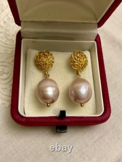 Anciennes Boucles D'oreilles Argent Massif Vermeil Énorme Perle Rose
