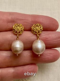 Anciennes Boucles D'oreilles Argent Massif Vermeil Énorme Perle Rose