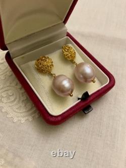 Anciennes Boucles D'oreilles Argent Massif Vermeil Énorme Perle Rose