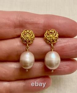 Anciennes Boucles D'oreilles Argent Massif Vermeil Énorme Perle Rose