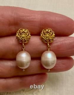 Anciennes Boucles D'oreilles Argent Massif Vermeil Énorme Perle Rose