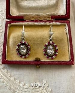 Anciennes Boucles D'oreilles Argent Massif Vermeil Rubis & Topazes Véritables Anciennes Boucles D'oreilles Argent Massif Vermeil Rubis & Topazes Véritables