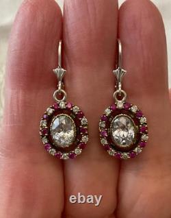 Anciennes Boucles D'oreilles Argent Massif Vermeil Rubis & Topazes Véritables Anciennes Boucles D'oreilles Argent Massif Vermeil Rubis & Topazes Véritables