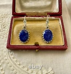 Anciennes Boucles D'oreilles Argent Massif -véritable Saphir Bleu -fleur De Lys
