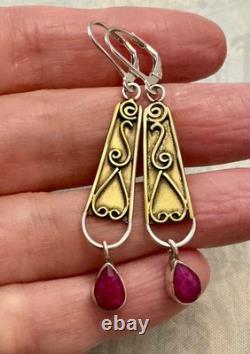Anciennes Boucles D'oreilles Longues Argent Massif Et Or Rubis Véritable