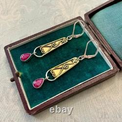 Anciennes Boucles D'oreilles Longues Argent Massif Et Or Rubis Véritable