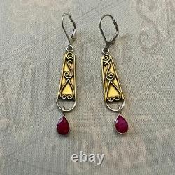 Anciennes Boucles D'oreilles Longues Argent Massif Et Or Rubis Véritable