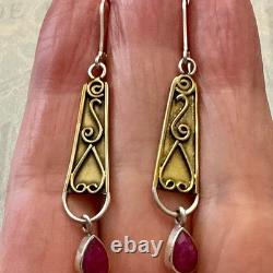 Anciennes Boucles D'oreilles Longues Argent Massif Et Or Rubis Véritable
