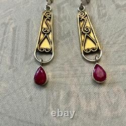 Anciennes Boucles D'oreilles Longues Argent Massif Et Or Rubis Véritable