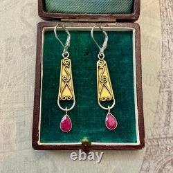 Anciennes Boucles D'oreilles Longues Argent Massif Et Or Rubis Véritable