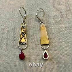 Anciennes Boucles D'oreilles Longues Argent Massif Et Or Rubis Véritable