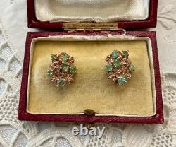 Anciennes Boucles D'oreilles Or Rose Argent Massif Émeraudes De Colombie