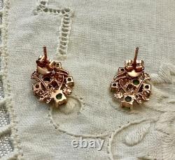 Anciennes Boucles D'oreilles Or Rose Argent Massif Émeraudes De Colombie