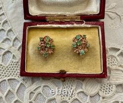 Anciennes Boucles D'oreilles Or Rose Argent Massif Émeraudes De Colombie