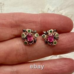 Anciennes Boucles D'oreilles Or Rose /argent Massif Rubis Émeraudes