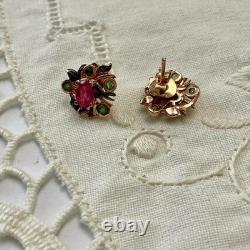 Anciennes Boucles D'oreilles Or Rose /argent Massif Rubis Émeraudes