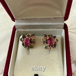 Anciennes Boucles D'oreilles Or Rose /argent Massif Rubis Émeraudes