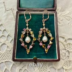 Anciennes Boucles D'oreilles Or Rose /argent Massif Tourmalines Et Perle