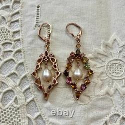 Anciennes Boucles D'oreilles Or Rose /argent Massif Tourmalines Et Perle