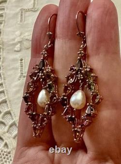 Anciennes Boucles D'oreilles Or Rose /argent Massif Tourmalines Et Perle