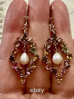 Anciennes Boucles D'oreilles Or Rose /argent Massif Tourmalines Et Perle