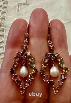 Anciennes Boucles D'oreilles Or Rose /argent Massif Tourmalines Et Perle