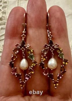 Anciennes Boucles D'oreilles Or Rose /argent Massif Tourmalines Et Perle