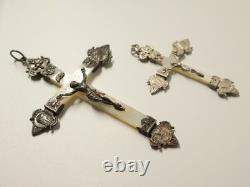 Anciens 2 Croix de communiant en nacre argent massif religion chrétienté XIX-XXe