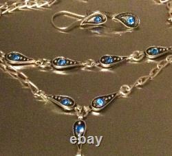 Argent Massif 925, Ancienne Parure Collier-Bracelet-BO-Pierres Bleues-Lot Bijoux