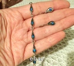 Argent Massif 925, Ancienne Parure Collier-Bracelet-BO-Pierres Bleues-Lot Bijoux