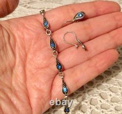 Argent Massif 925, Ancienne Parure Collier-Bracelet-BO-Pierres Bleues-Lot Bijoux