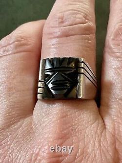 Art Deco CAMEE En Onyx, ARGENT MASSIF, TANK CHEVALIERE BAGUE ANCIENNE