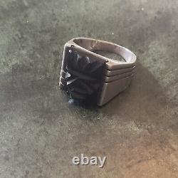 Art Deco CAMEE En Onyx, ARGENT MASSIF, TANK CHEVALIERE BAGUE ANCIENNE