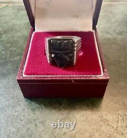 Art Deco CAMEE En Onyx, ARGENT MASSIF, TANK CHEVALIERE BAGUE ANCIENNE