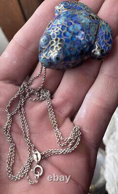 Art d'asie pendentif ancien grenouille Émaux cloisonnés argent massif vermeil