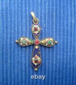 B35 Rare Petite Croix ancienne Argent Massif Vermeil Emaux Bressans