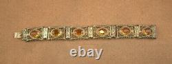 BEL ANCIEN BRACELET EN ARGENT MASSIF et VERMEIL FILIGRANE SERTI DE PIERRES JAUNE