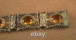 BEL ANCIEN BRACELET EN ARGENT MASSIF et VERMEIL FILIGRANE SERTI DE PIERRES JAUNE