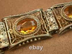 BEL ANCIEN BRACELET EN ARGENT MASSIF et VERMEIL FILIGRANE SERTI DE PIERRES JAUNE
