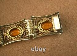 BEL ANCIEN BRACELET EN ARGENT MASSIF et VERMEIL FILIGRANE SERTI DE PIERRES JAUNE