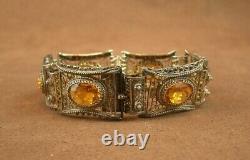 BEL ANCIEN BRACELET EN ARGENT MASSIF et VERMEIL FILIGRANE SERTI DE PIERRES JAUNE