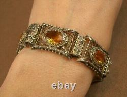 BEL ANCIEN BRACELET EN ARGENT MASSIF et VERMEIL FILIGRANE SERTI DE PIERRES JAUNE