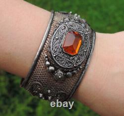 BEL IMPORTANT BRACELET ANCIEN BERBERE EN ARGENT MASSIF et verre cristal taillé