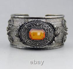 BEL IMPORTANT BRACELET ANCIEN BERBERE EN ARGENT MASSIF et verre cristal taillé